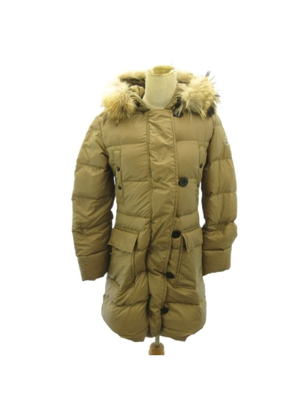Moncler Messina Down Jacket Hood Fur Zip Up Mid Length Beige 49301/91 0